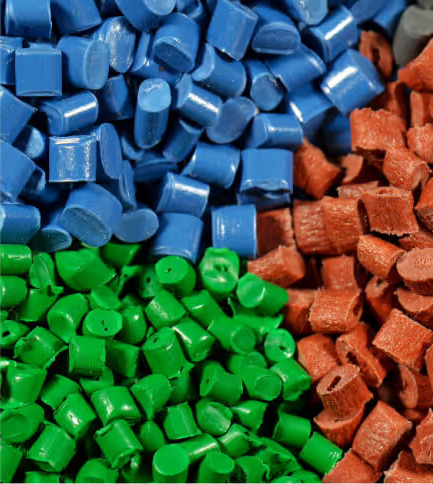Blue, green, and orange plastic pellets for PVC compounding