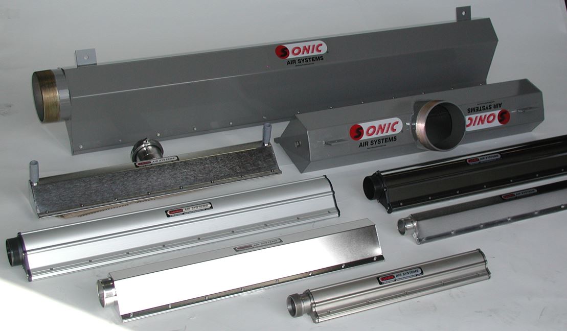 A range of Sonic air knives in different lengths, shapes and materials
