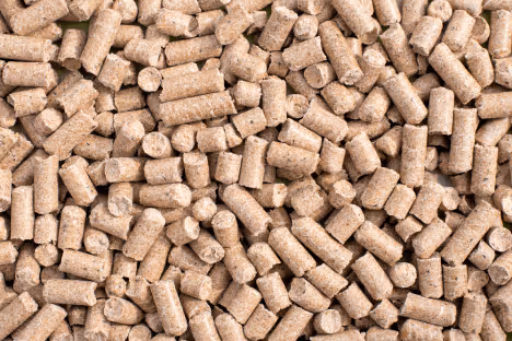 Pellets produced from peanut hulls and shells.