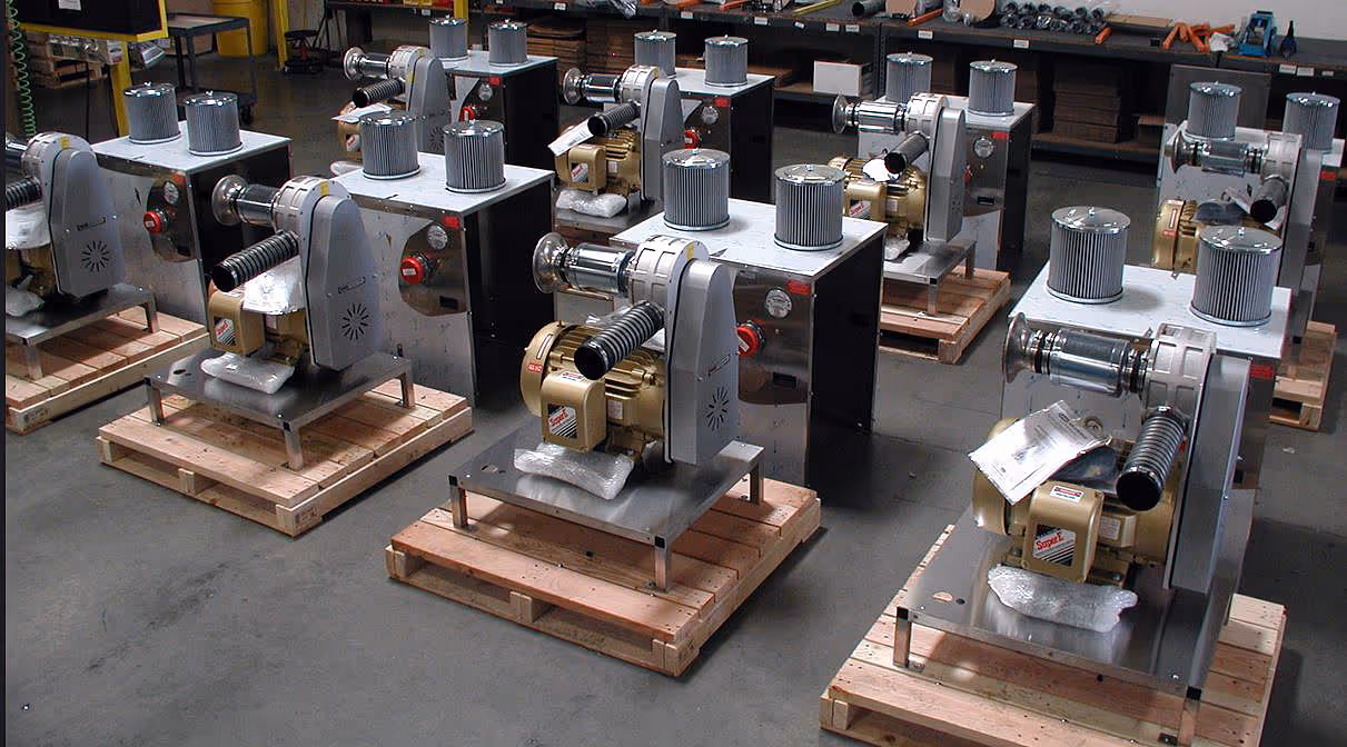 Industrial Sonic Air blower systems assembled in a manufacturing workshop