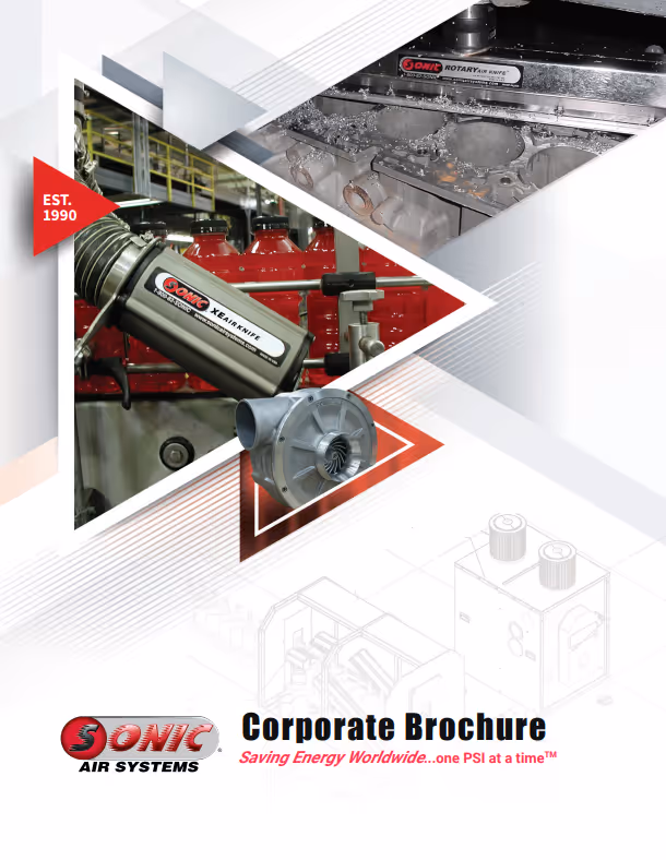 Cover of Sonic Air Systems Corporate Brochure, established in 1990. The design showcases photographic applications of their industrial air knife and blower systems for drying metal parts and bottled products, along with engineering schematics and a blower impeller. Includes the tagline 'Saving Energy Worldwide...one PSI at a time.