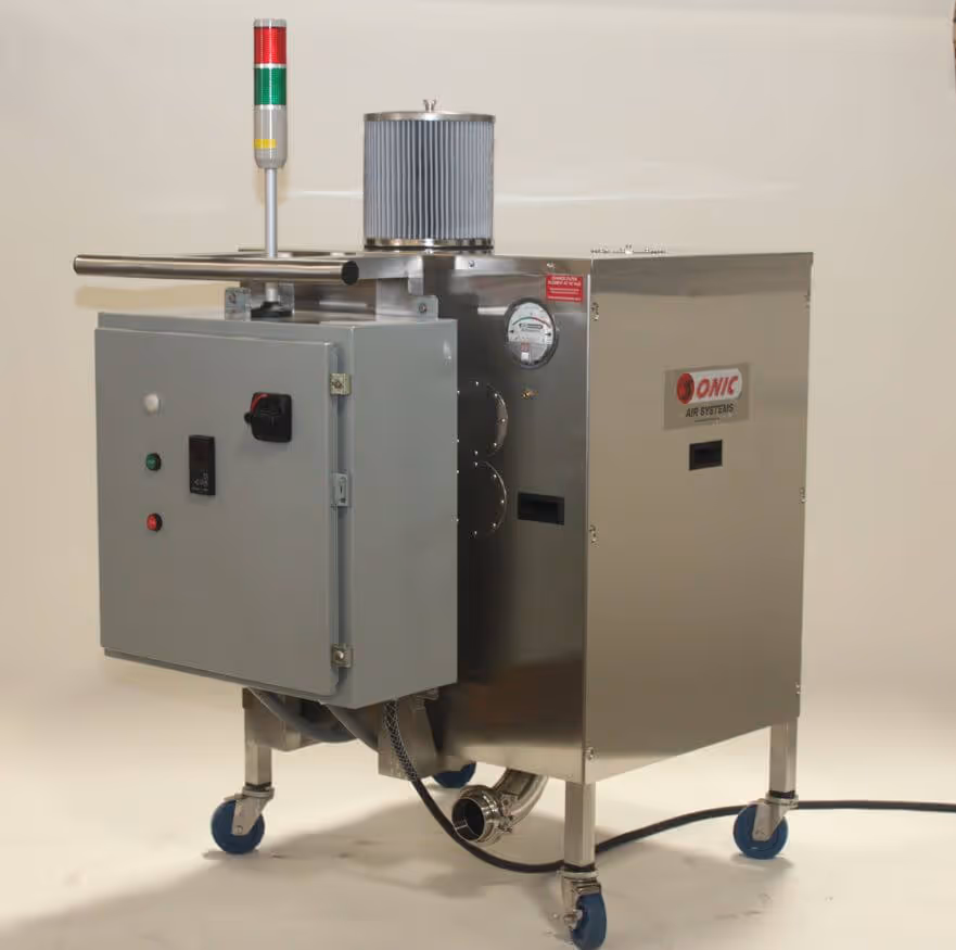Soplador de aire caliente portátil de Sonic en gabinete de acero inoxidable sobre ruedas, con tablero de control, filtro de entrada y luz indicadora